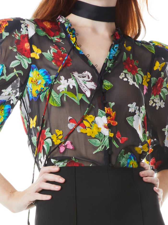 JULIUS BUTTON FRONT TIE SLEEVE TOP - ATRIUM FLORAL SM image 3 - Alice And Olivia