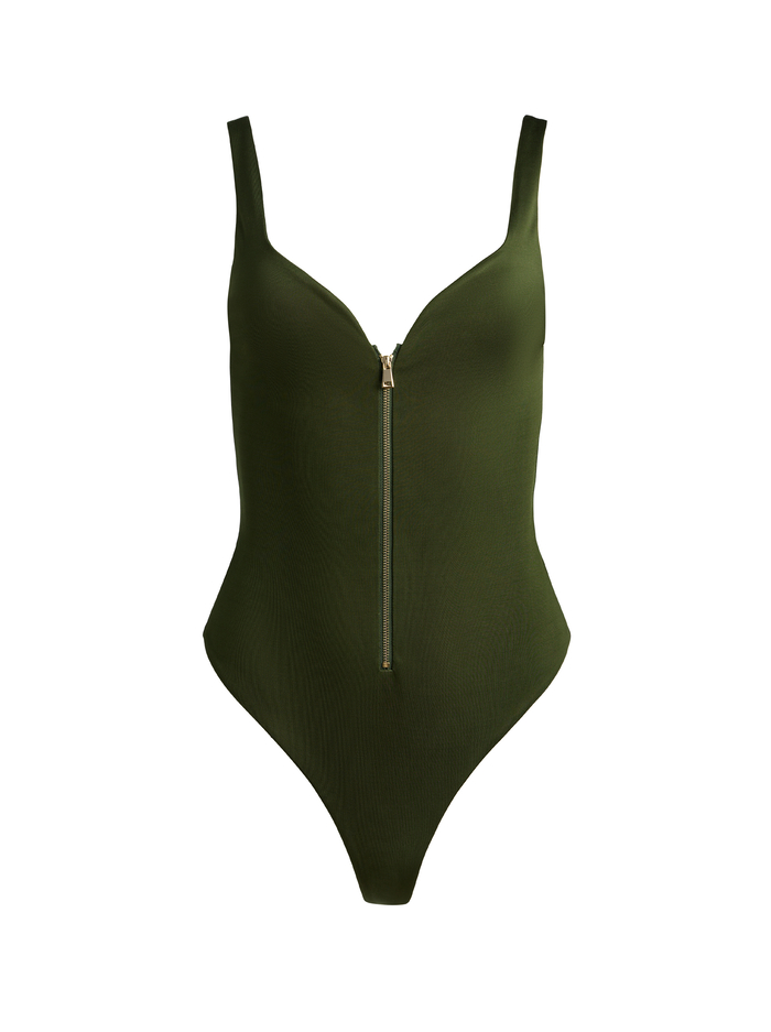 EVE ZIP FRONT BODYSUIT - DARK OLIVE image 5 - Alice And Olivia