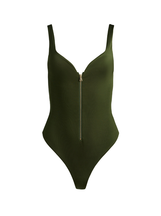 DARK OLIVE-EVE ZIP FRONT BODYSUIT