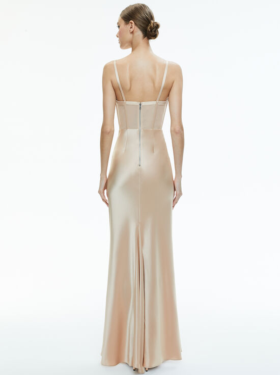 ALMOND-VALENTINA DRAPED CORSET MAXI DRESS