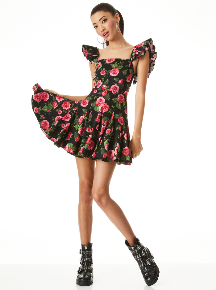 GINNY RUFFLE SLEEVE GODET DRESS - CHERI FLORAL - Alice And Olivia