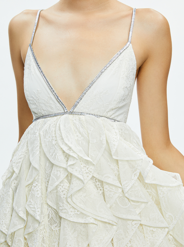 WILMARIE EMBELLISHED LACE RUFFLE MINI GOWN - OFF WHITE image 3 - Alice And Olivia