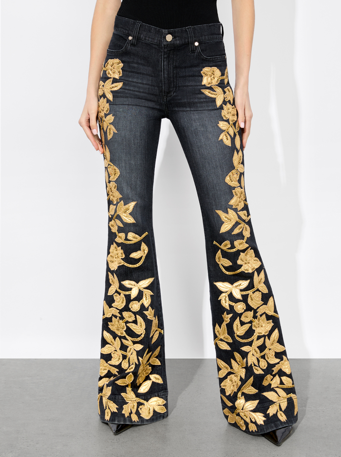 SB EMBELLISHED BELL JEAN - MAYA CHARCOAL BLACK/GOLD - Alice And Olivia