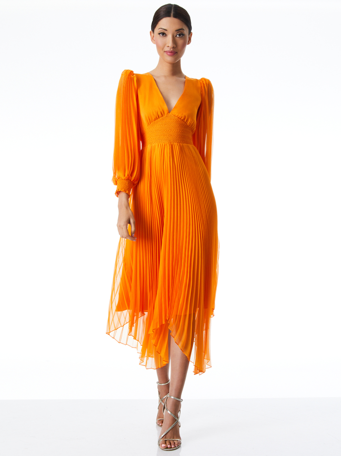 Sion Pleated Midi Dress In Tangerine | Alice And Olivia