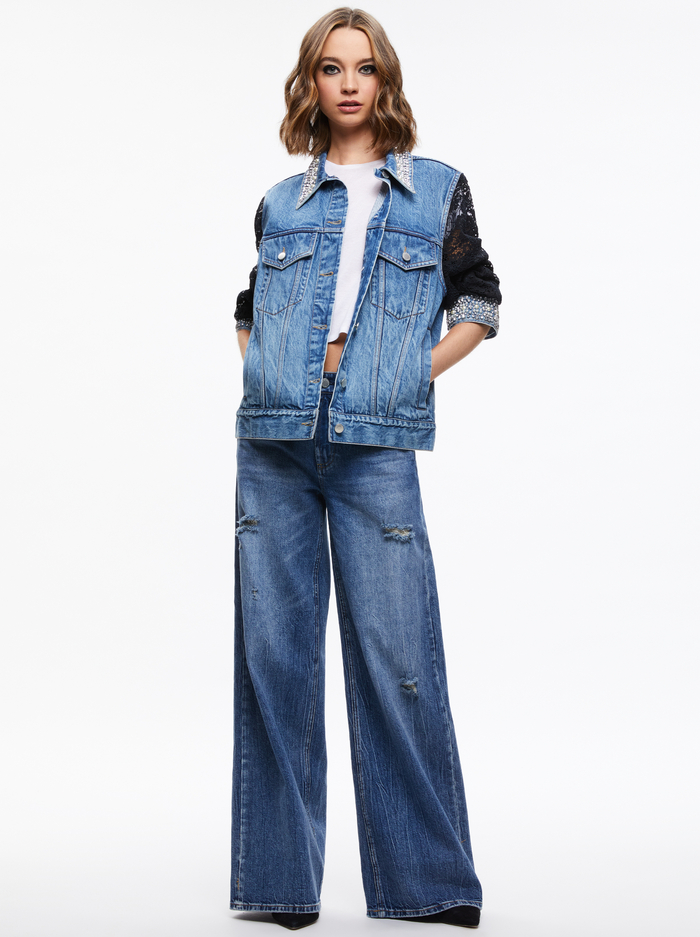 JEFF EMBELLISHED LACE SLEEVE DENIM JACKET - INDIGO NIGHTS image 2 - Alice And Olivia