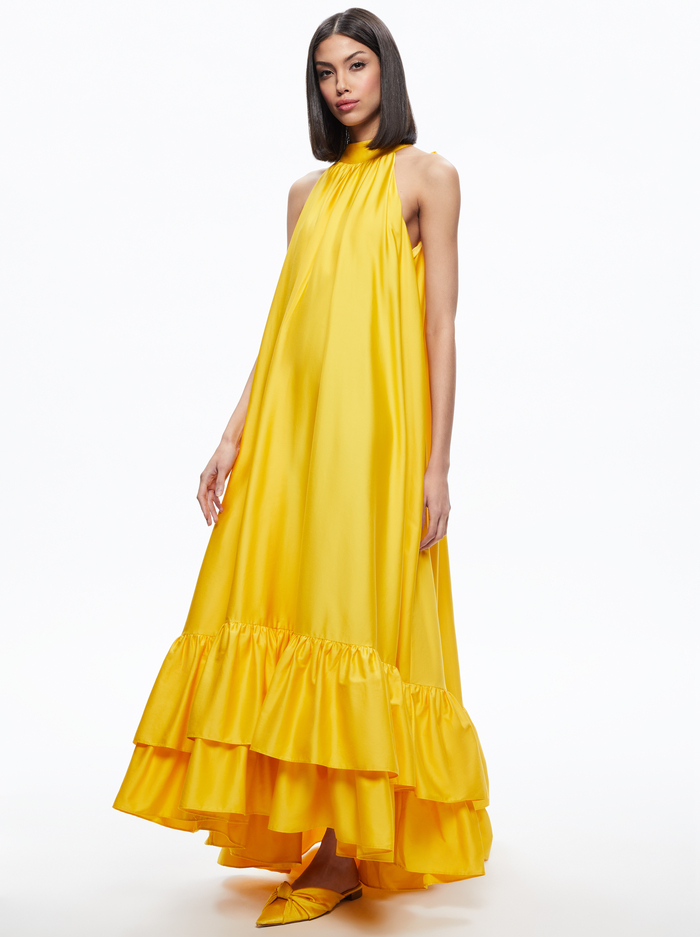JOVIE HALTER NECK RUFFLE HIGH LOW MAXI DRESS - GOLDEN ROD - Alice And Olivia