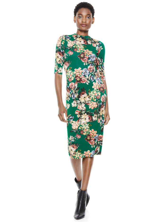 Delora Fitted Mock Neck Midi Dress In Cloud Dancer Dark Teal Alice And Olivia