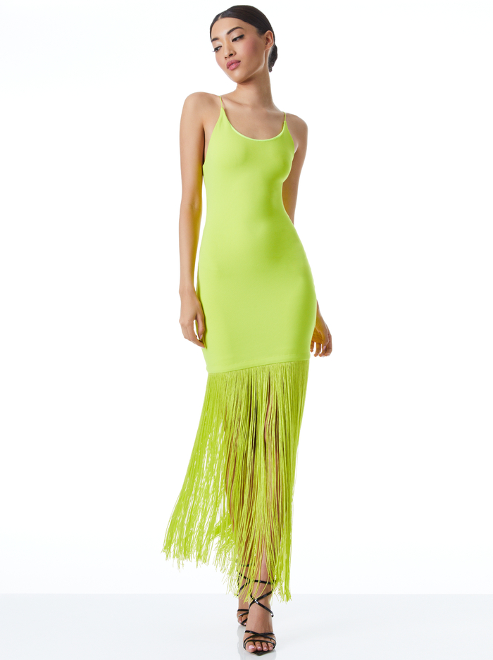 STEPH SCOOP NECK FRINGE DRESS - CITRON - Alice And Olivia