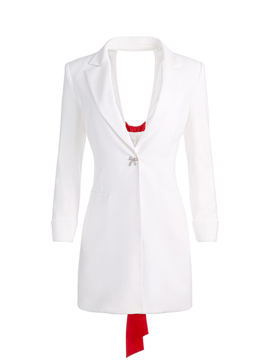OFF WHITE/CHILI PEPPER-SHAWN BOW BACK BLAZER DRESS