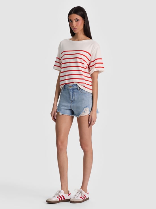 SOFT WHITE/CHILI PEPPER-AMELIE STRIPED KNIT TEE