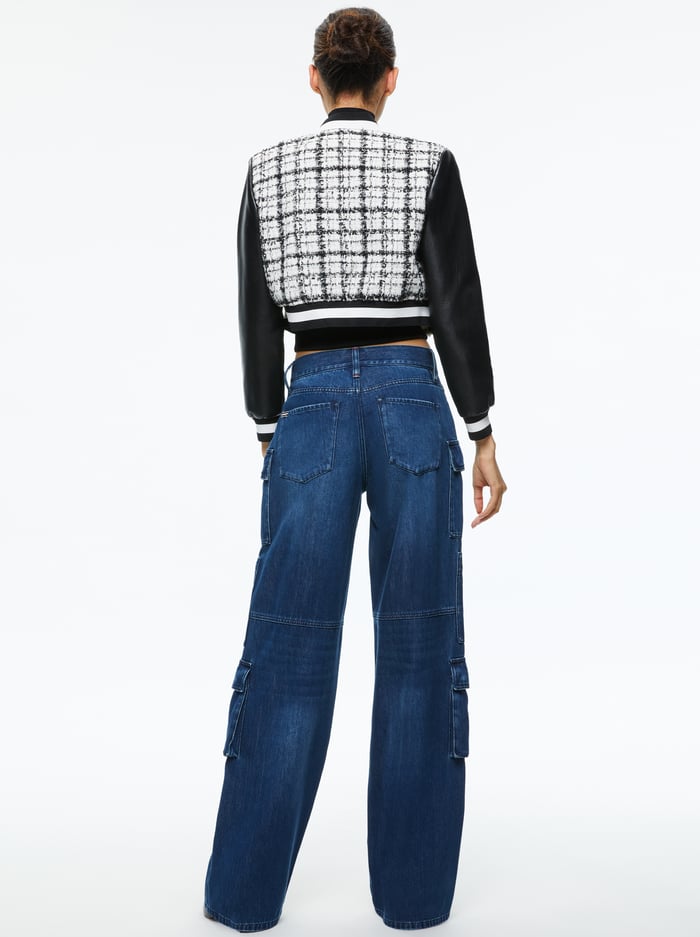CAMELIA CROPPED COMBINATION VARSITY JACKET - OFF WHITE/BLACK image 1 - Alice And Olivia