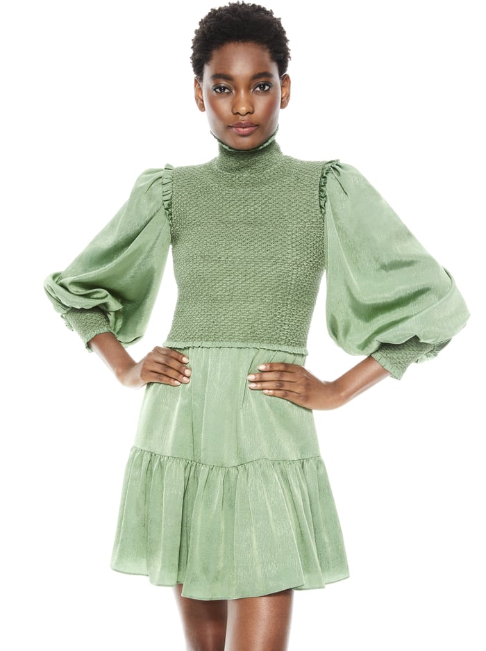 ELVIRA SMOCKED MOCK NECK MINI DRESS - SAGE image 4 - Alice And Olivia