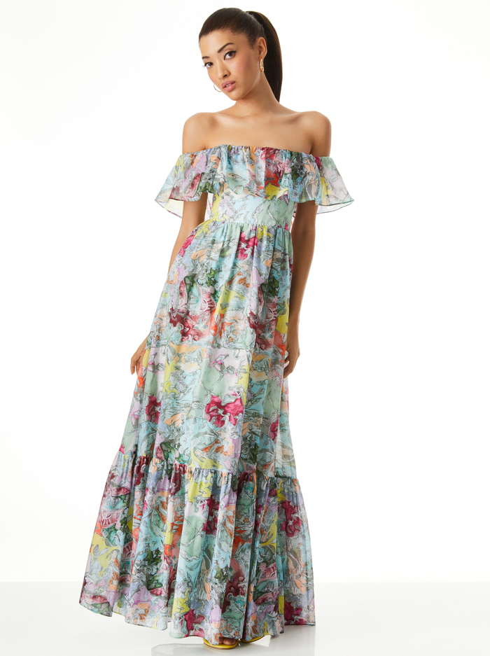 A+O X LOLA SCHNABEL TEMPIE RUFFLE OFF SHOULDER MAXI DRESS - LOLA