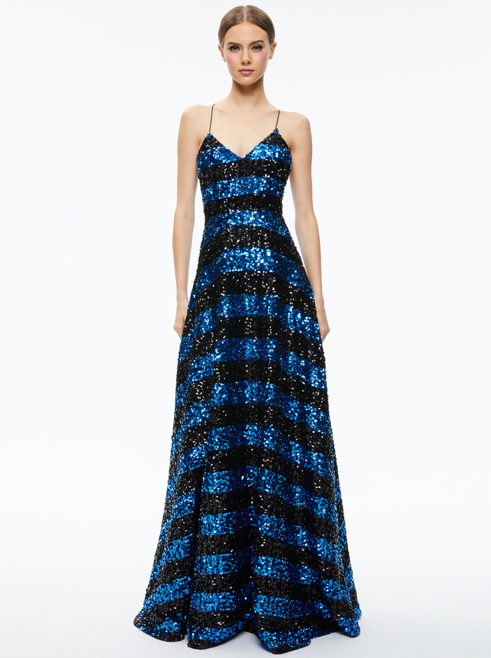 DOMENICA SEQUIN GOWN DRESS - SAPPHIRE/BLACK STRIPE image 2 - Alice And Olivia