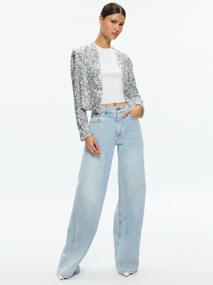 NEW HARVEY SEQUIN OPEN FRONT JACKET + MAEVE SEQUIN KICK FLARE SLIP SKIRT -