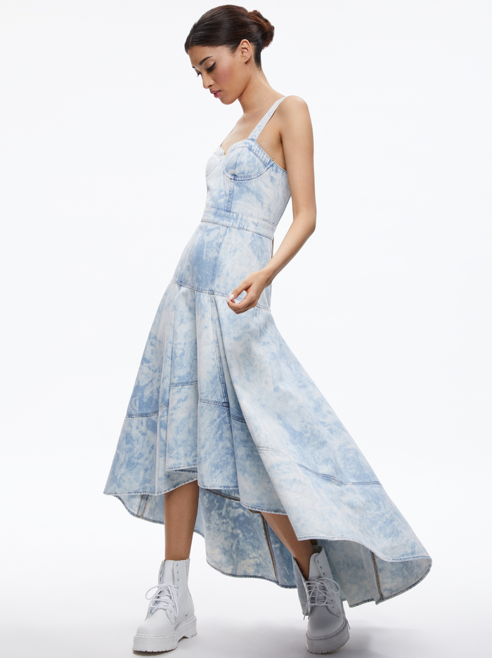 DONELLA DENIM BUSTIER HIGH LOW DRESS - SPARKY INDIGO BLEACH TIE DYE image 2 - Alice And Olivia