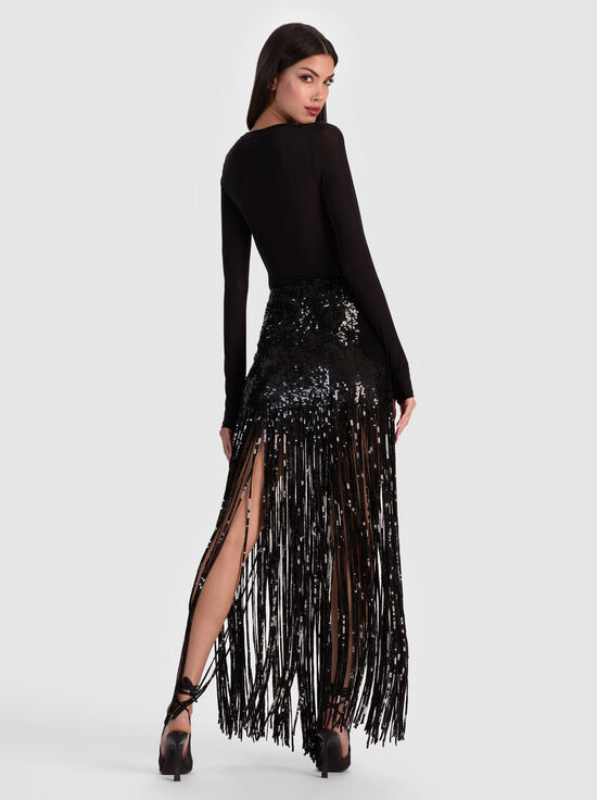 BLACK-KENDRA SEQUIN FRINGE MAXI SKIRT