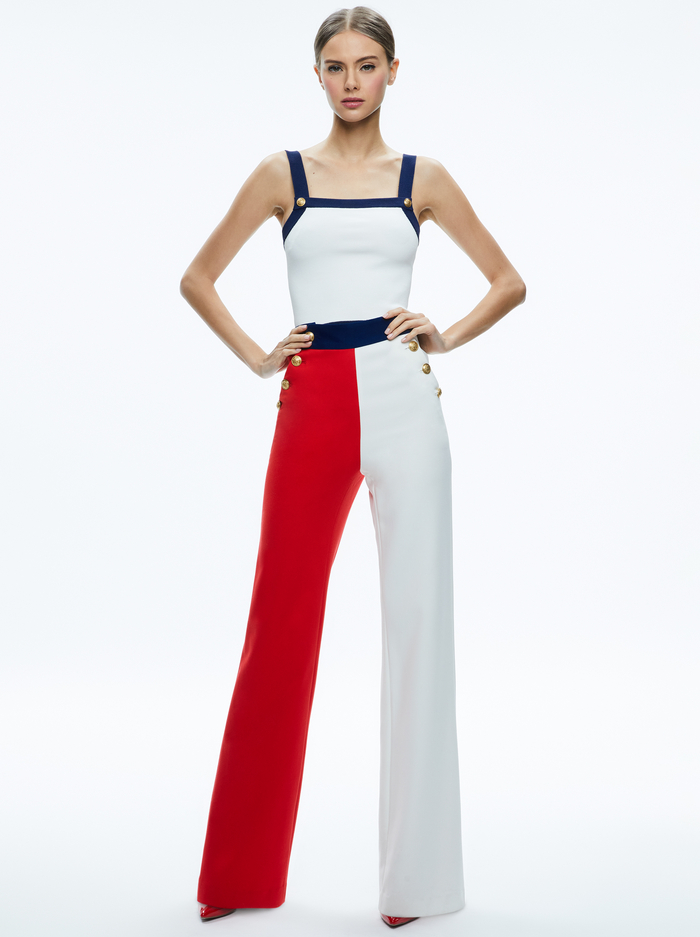 NARIN HIGH RISE BUTTON FRONT PANT - BRIGHT RUBY/OFF WHITE/INDIGO image 4 - Alice And Olivia