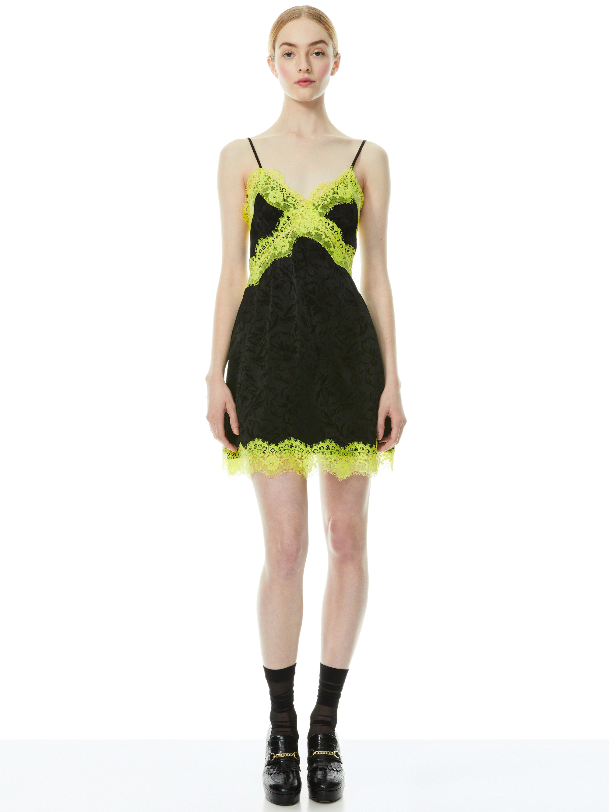 Zaira Lace Trim Mini Dress In Black/lime Punch | Alice And Olivia
