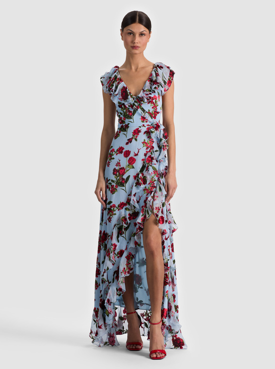 AMERICAN BEAUTY CAROLINA BLUE-KRISTEN RUFFLE WRAP MAXI DRESS