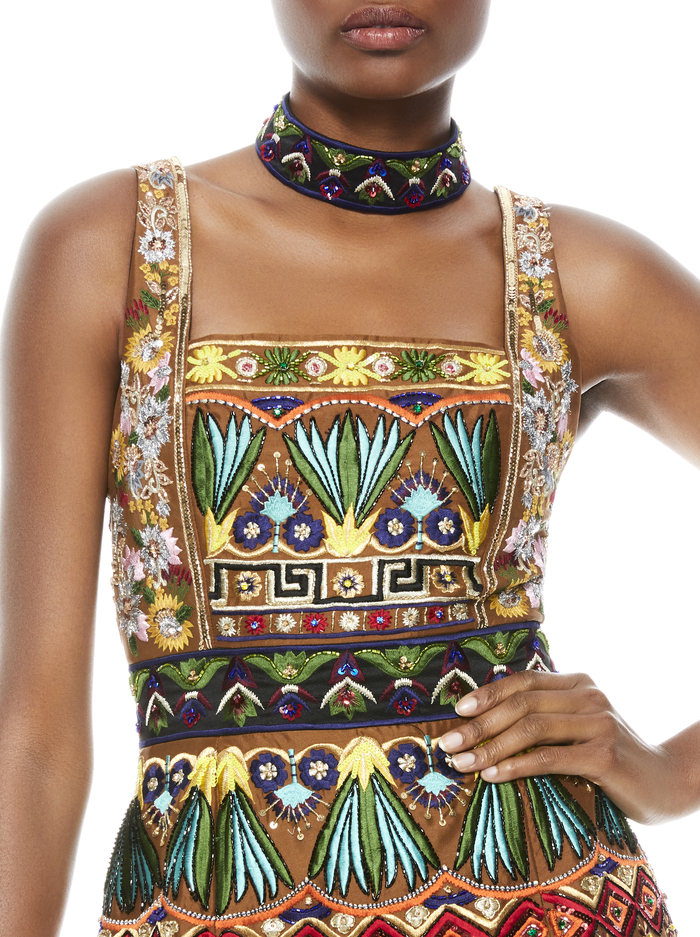 MARCIELA BEADED GOWN WITH CHOKER - BROWN MULTI image 3 - Alice And Olivia