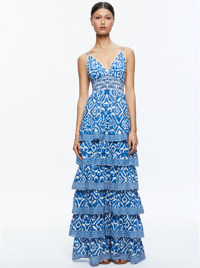 IMOGENE TIERED MAXI DRESS - ARTISAN IKAT FRENCH BLUE - Alice And Olivia