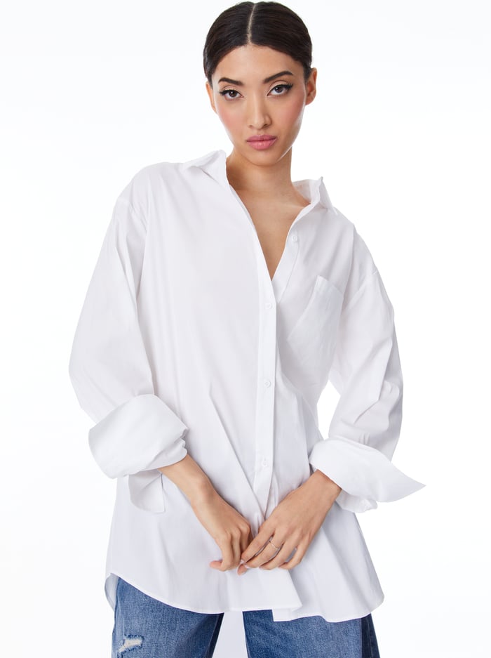 FINELY OVERSIZED LONG BUTTON DOWN SHIRT - WHITE - Alice And Olivia