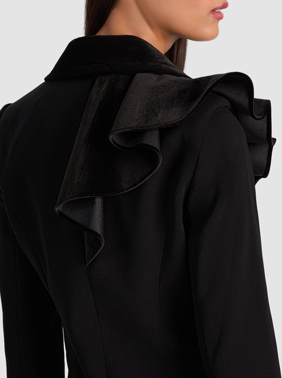 BLACK-FAIE SLIM RUFFLE MAXI BLAZER