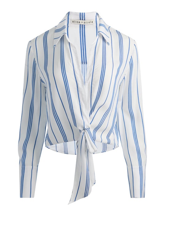 OFF WHITE/BLUE IRIS-HANNON TIE FRONT BLOUSE