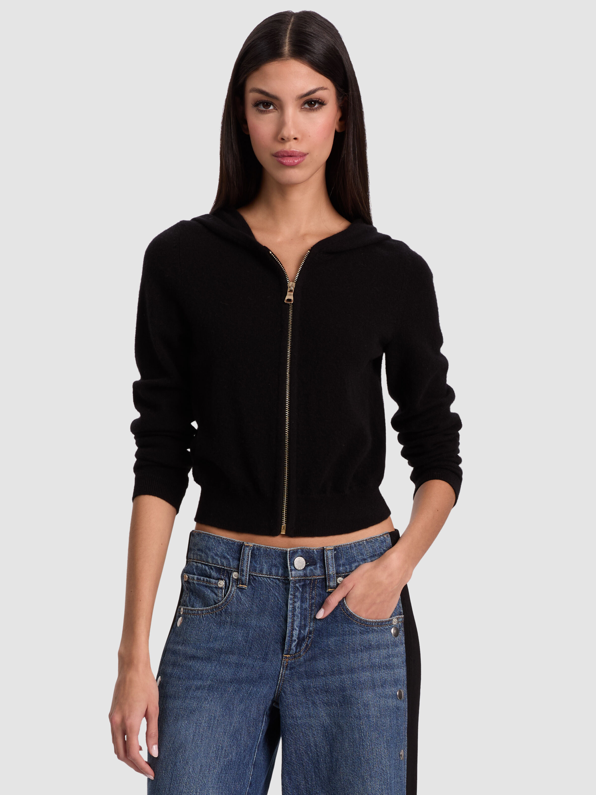 DOLLIE CASHMERE ZIP-UP HOODIE in BLACK | ALICE + OLIVIA