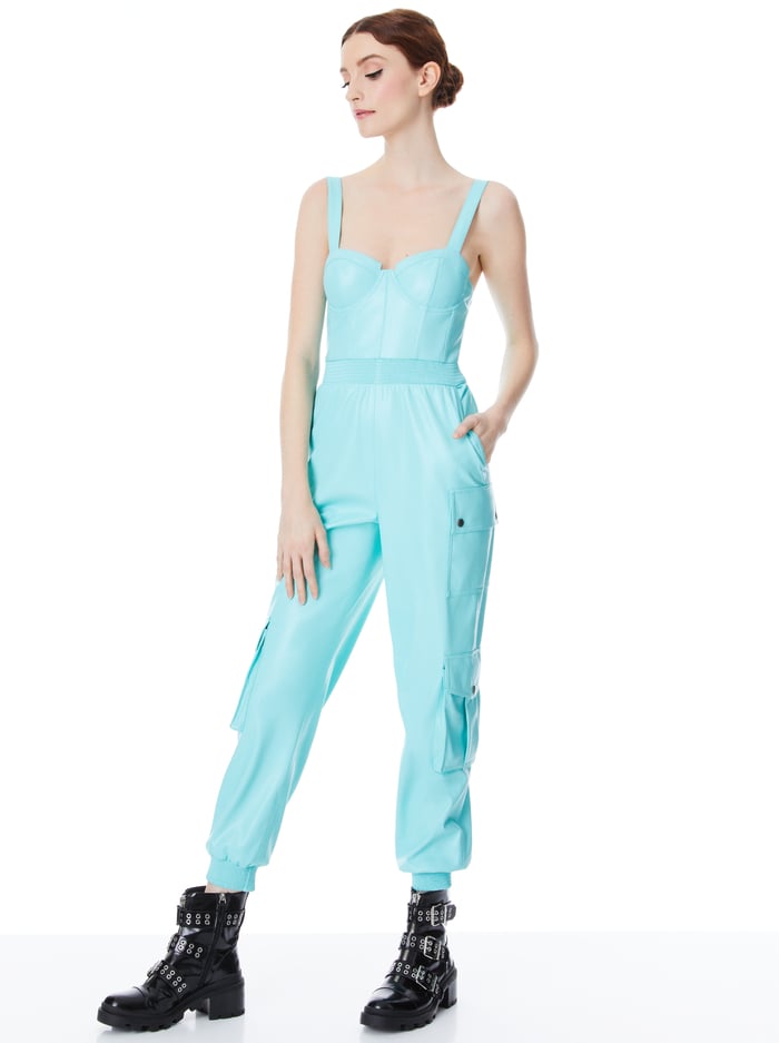 FRIDA VEGAN LEATHER BUSTIER CARGO JUMPSUIT - AQUA BLUE image 4 - ALICE + OLIVIA