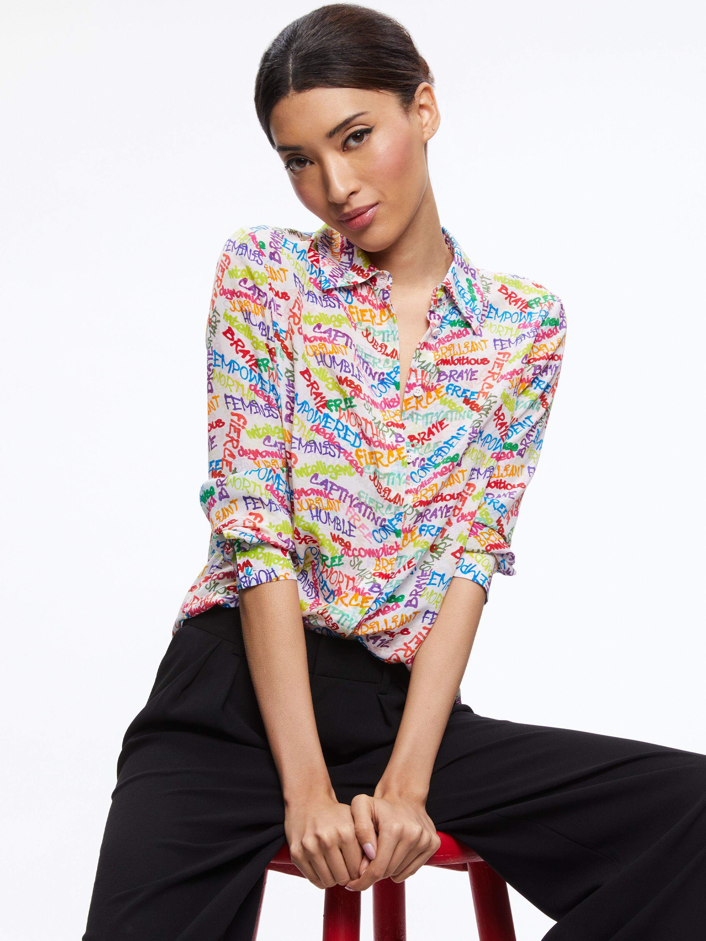 売れ筋商品|||アリス アンド オリビア シャツ レディース トップス WILLA - Button-down blouse - multi-coloured Willa Silk Blouse In I Am Woman Off White | Alice + Olivia