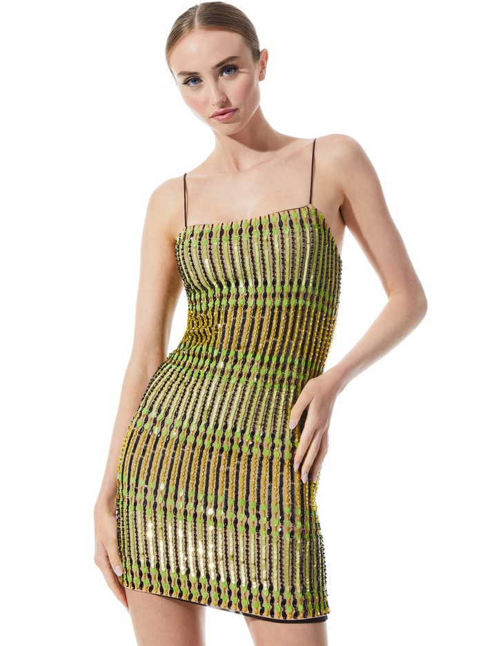 FIFI EMBELLISHED MINI CAMI DRESS - CITRON/BLACK image 2 - ALICE + OLIVIA