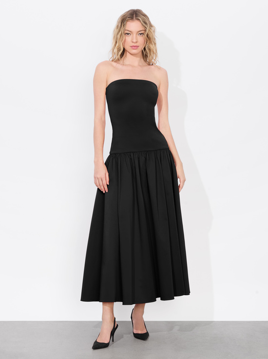 BLACK-ORIANA DROP WAIST MIDI DRESS
