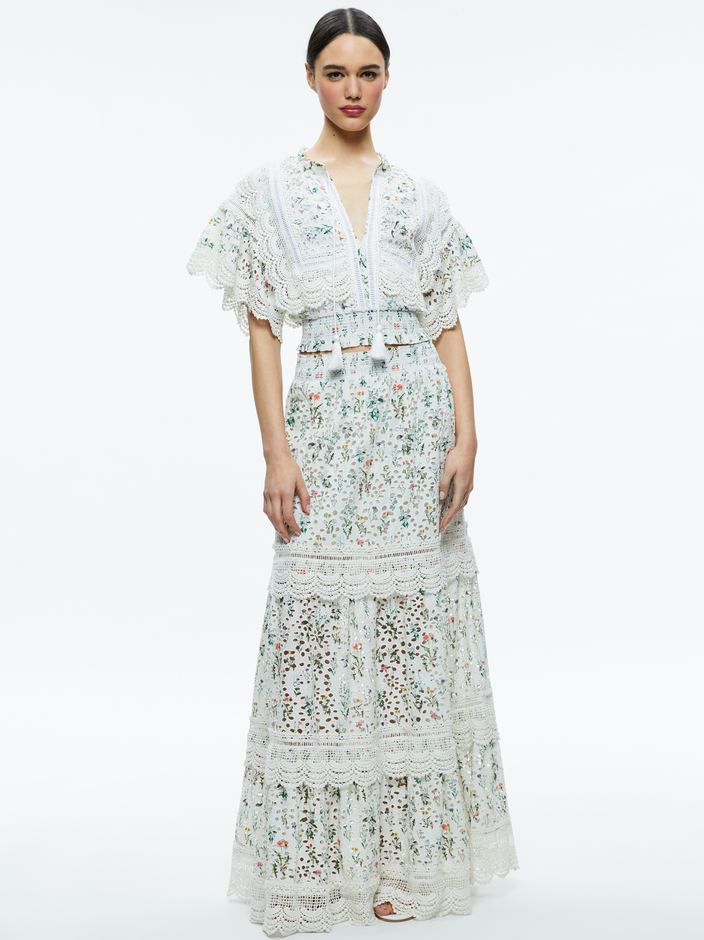 TABITHA LACE BUTTON FRONT CROPPED BLOUSE + REISE EMBROIDERED TIERED MAXI SKIRT - 