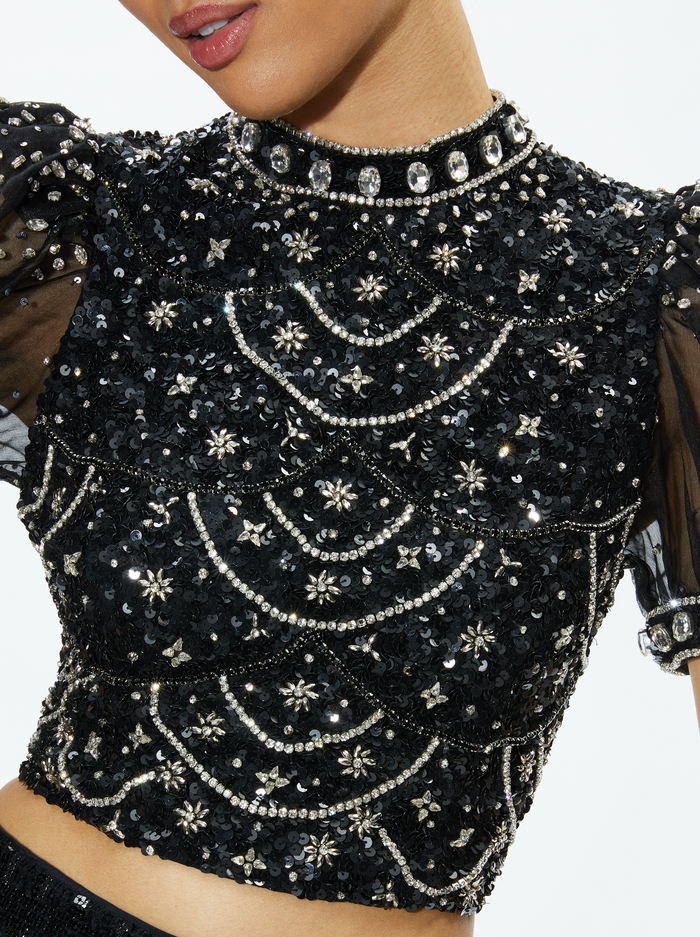 KRISTINA EMBELLISHED PUFF SLEEVE CROP TOP - BLACK/MULTI image 3 - Alice And Olivia