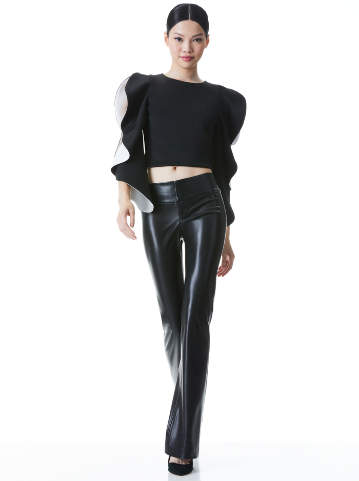 OLLIE RUFFLE SLEEVE CROP TOP - BLACK/OFF WHITE image 2 - ALICE + OLIVIA