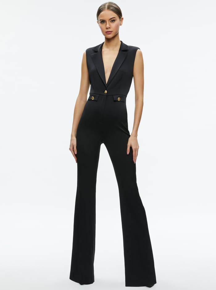 SHOSHANNA SLEEVELESS TUXEDO JUMPSUIT - BLACK - Alice And Olivia