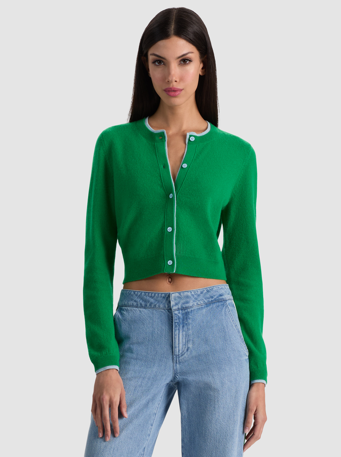 DOLLIE TWO TONE CASHMERE CARDIGAN - GREEN APPLE/CAROLINA BLUE - ALICE + OLIVIA
