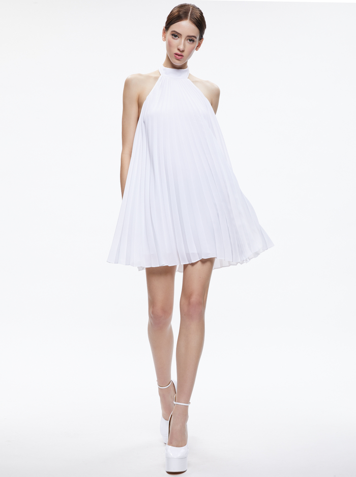 AVIANA HALTERNECK SUNBURST PLEAT MINI DRESS - WHITE - Alice And Olivia