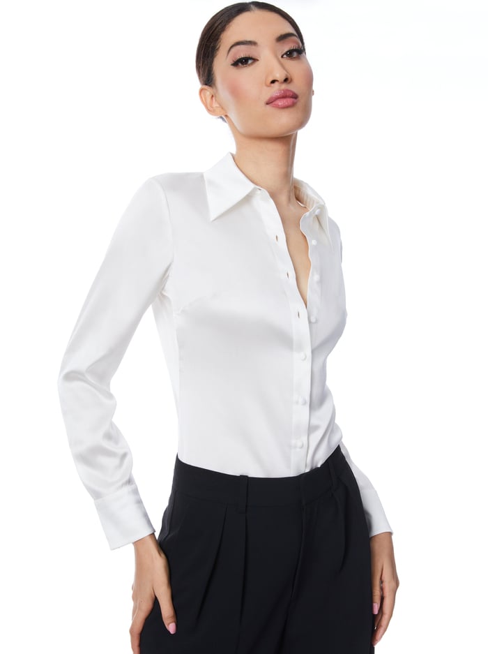 WILLA FITTED PLACKET TOP - WHITE - Alice And Olivia