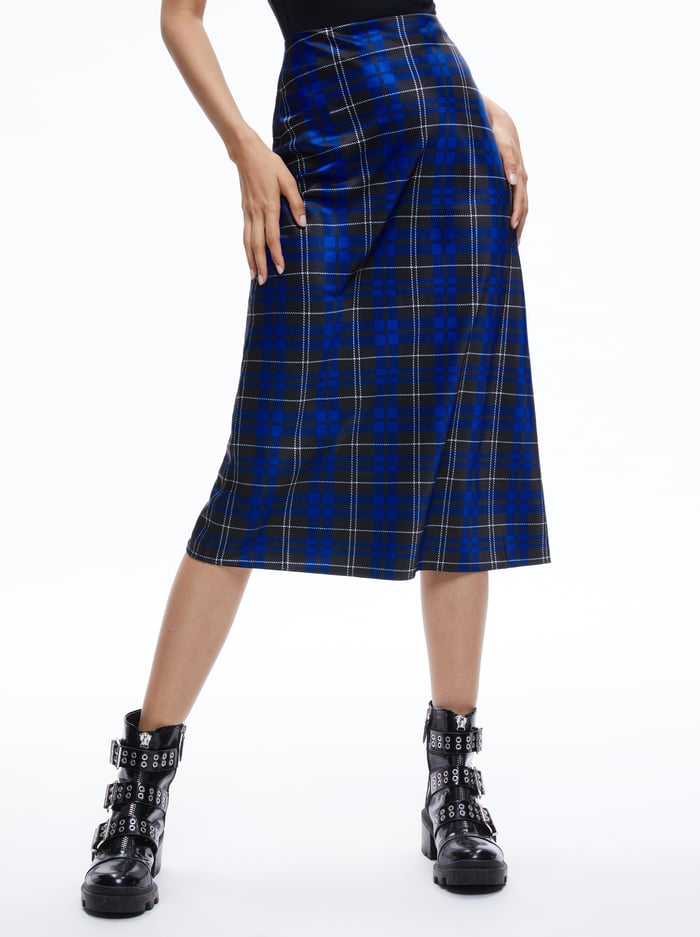 MAEVE MIDI SLIP SKIRT - SCHOOLGIRL PLAID SAPPHIRE - Alice And Olivia