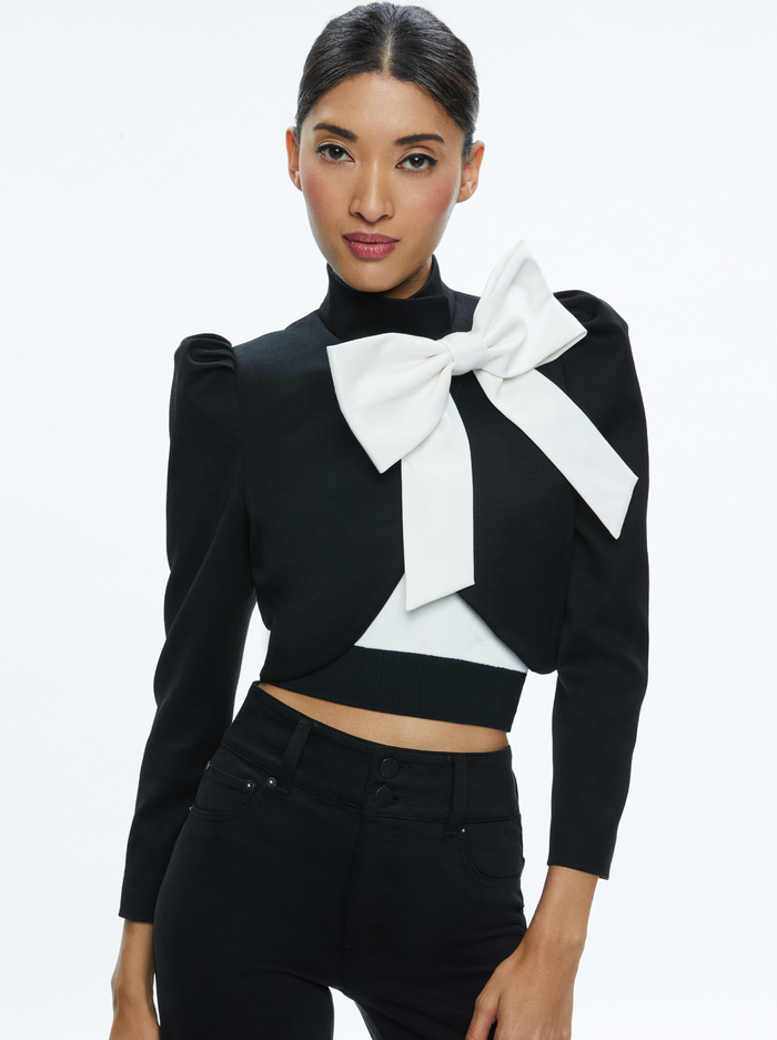 ADDISON BOW COLLAR CROPPED JACKET - BLACK/OFF WHITE - Alice And Olivia