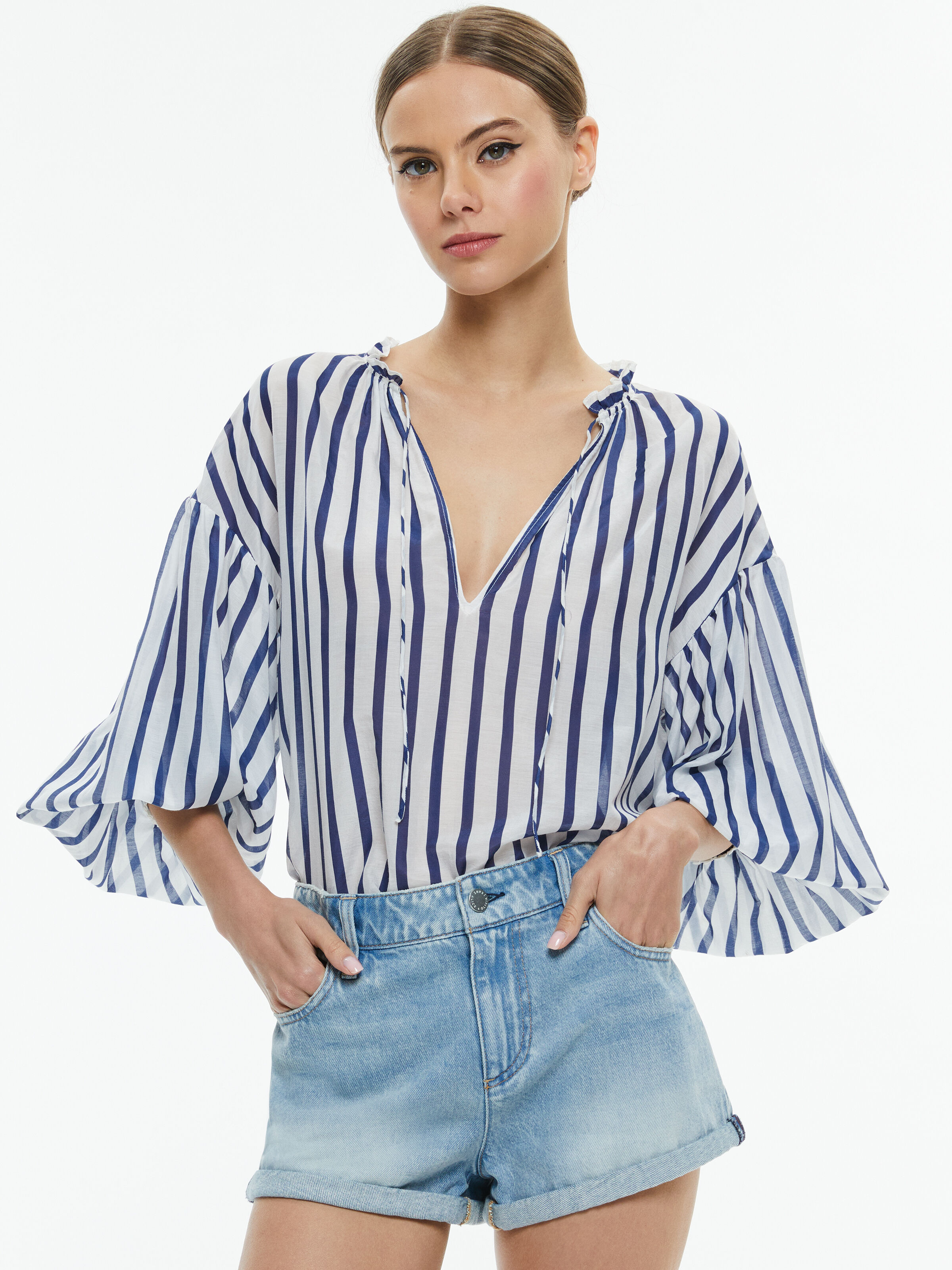 Julius Striped Blouse In Admiral Stripe Indigo | Alice + Olivia