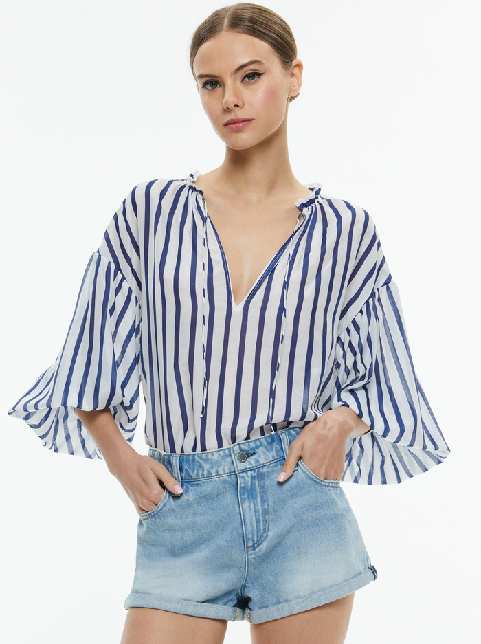 JULIUS STRIPED BLOUSE - ADMIRAL STRIPE INDIGO - Alice And Olivia