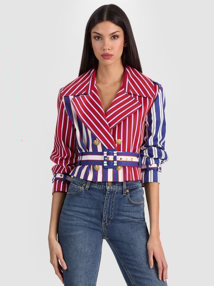 KEITH CROPPED TRENCH - TWILGHT BLU/CHIL PEP MIX STRIP - ALICE + OLIVIA