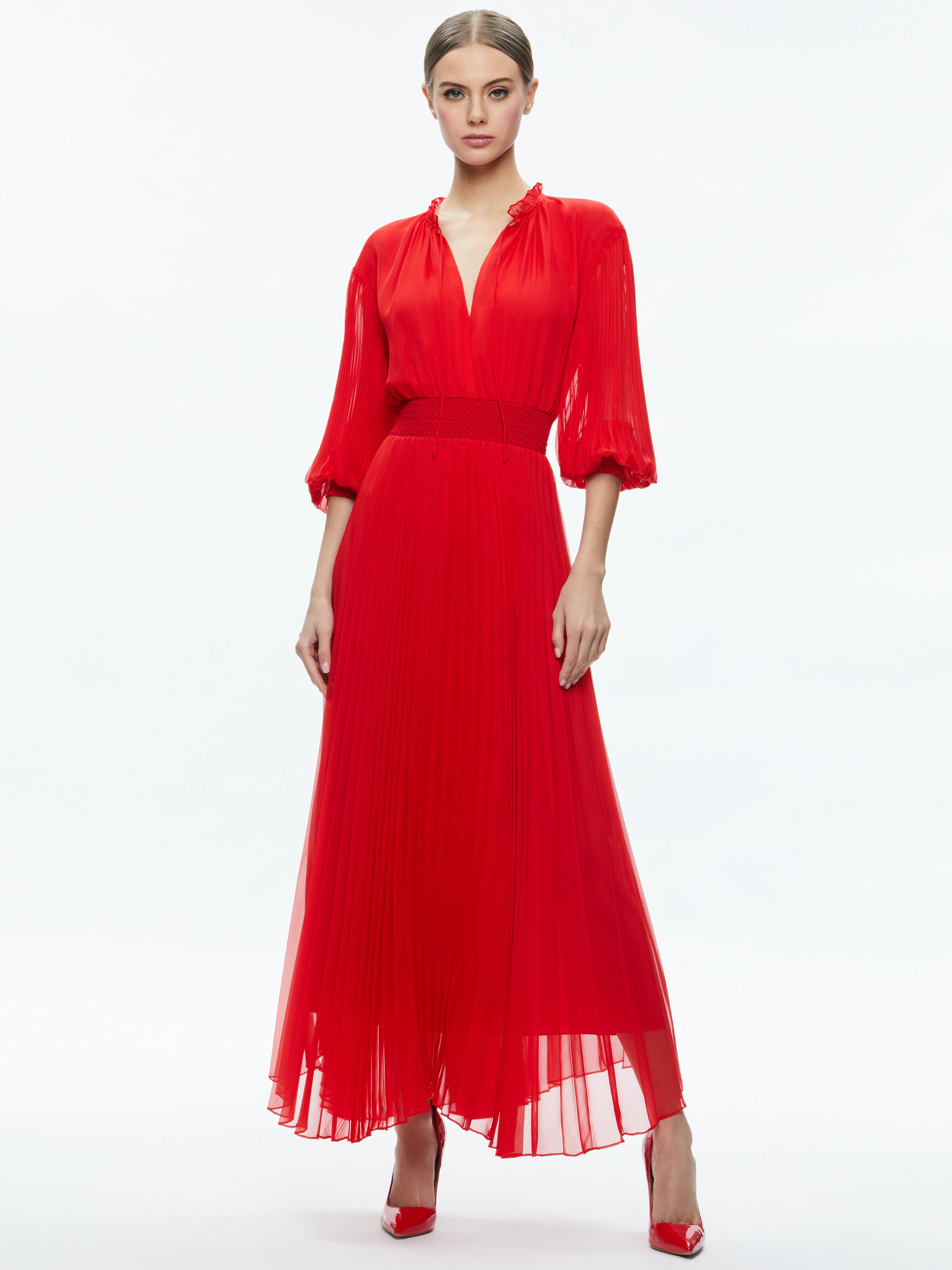 Vernia Blouson Sleeve Pleated Maxi Dress In Bright Ruby | Alice