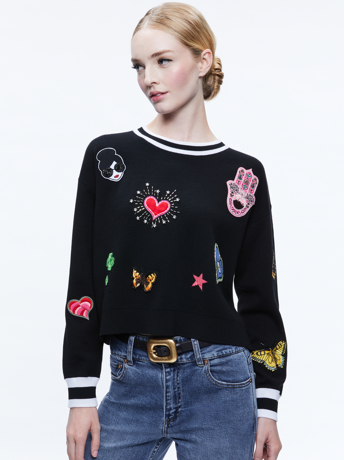 GLEESON STACEFACE PATCH PULLOVER - BLACK MULTI - Alice And Olivia