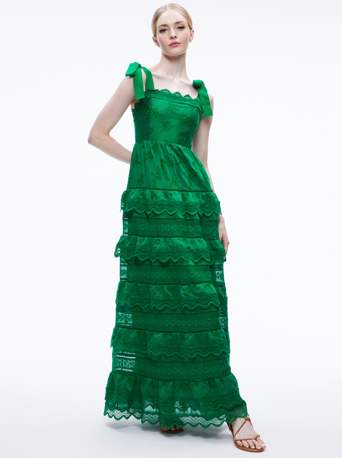 VEGA EYELET TIERED MAXI DRESS - EMERALD image 4 - Alice And Olivia