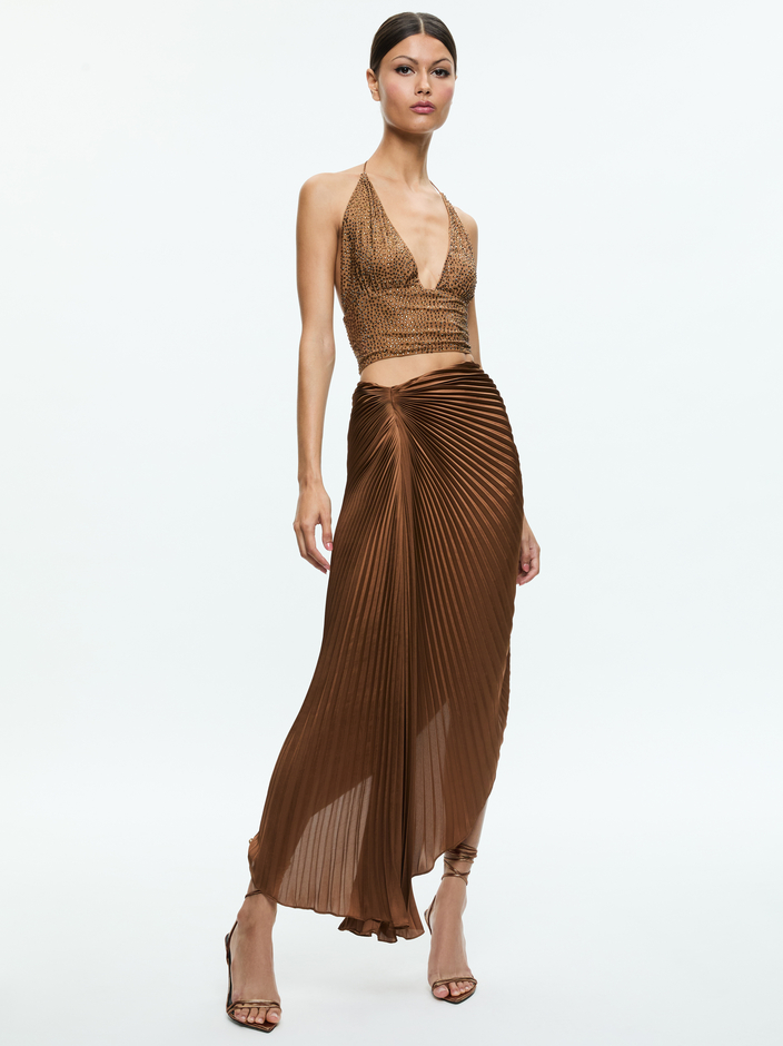 HANNAH EMBELLISHED TOP + ODELIA ASYMMETRICAL PLEATED MAXI SKIRT - 